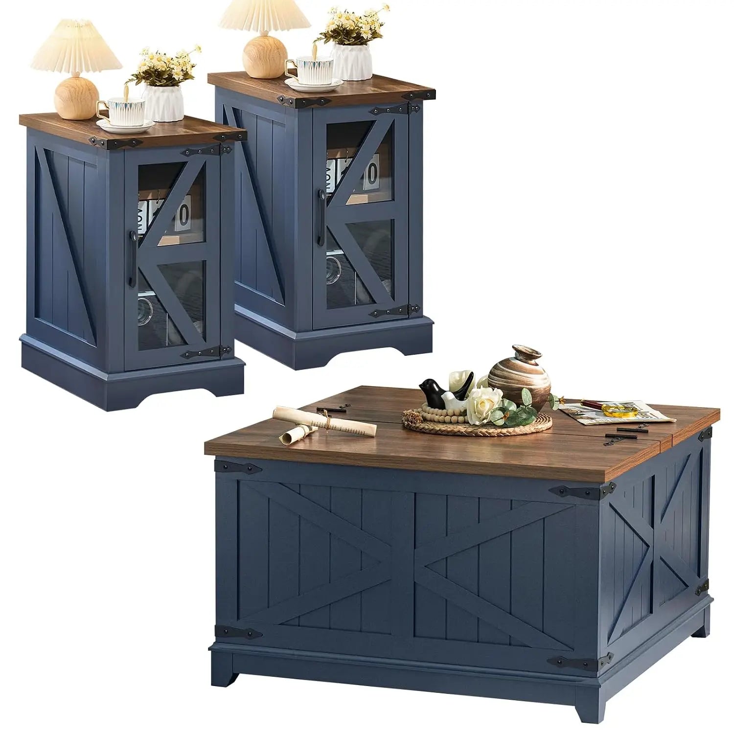 Farmhouse Coffee Table Set of 3 with Glass Barn Door Storage & Hidden Organizer for Living Room & Office, Blue, Custom by S And B Enterprise