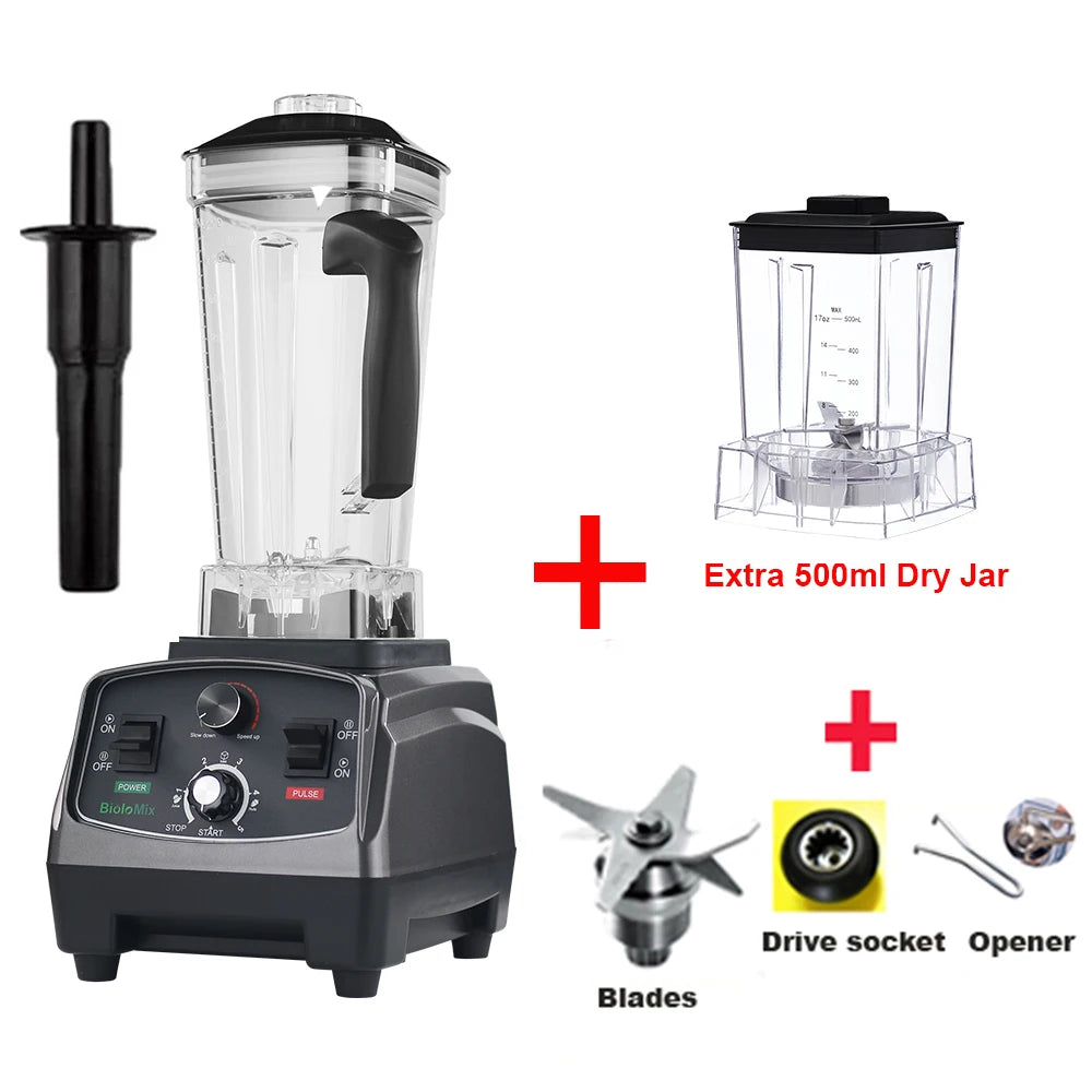 BioloMix heavy-duty blender with black base and 2L jar, plus extra 500ml dry jar and blades kit
