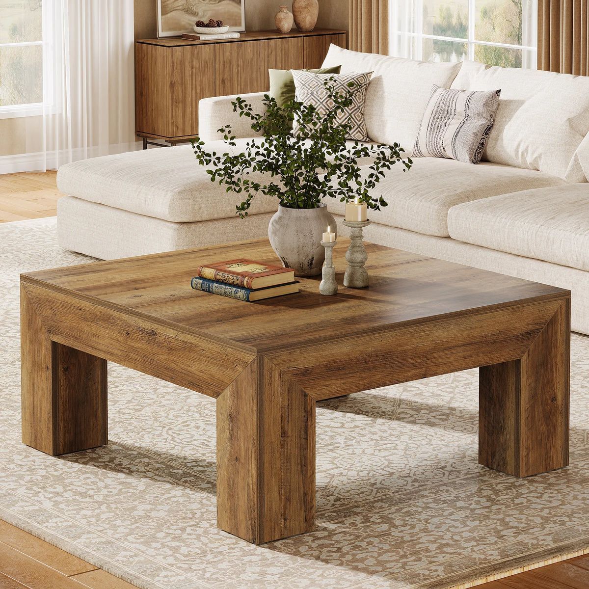 Square coffee table with natural wood finish and sturdy legs, 39.4-inch