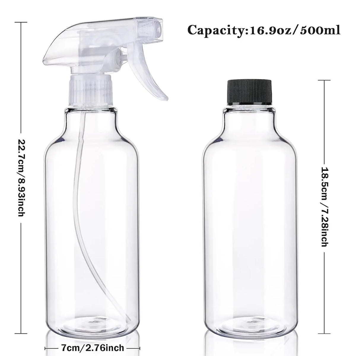 Two clear plastic spray bottles (empty), 16.9oz (500ml), mist/stream spray; for cleaning, essential oils, hair.