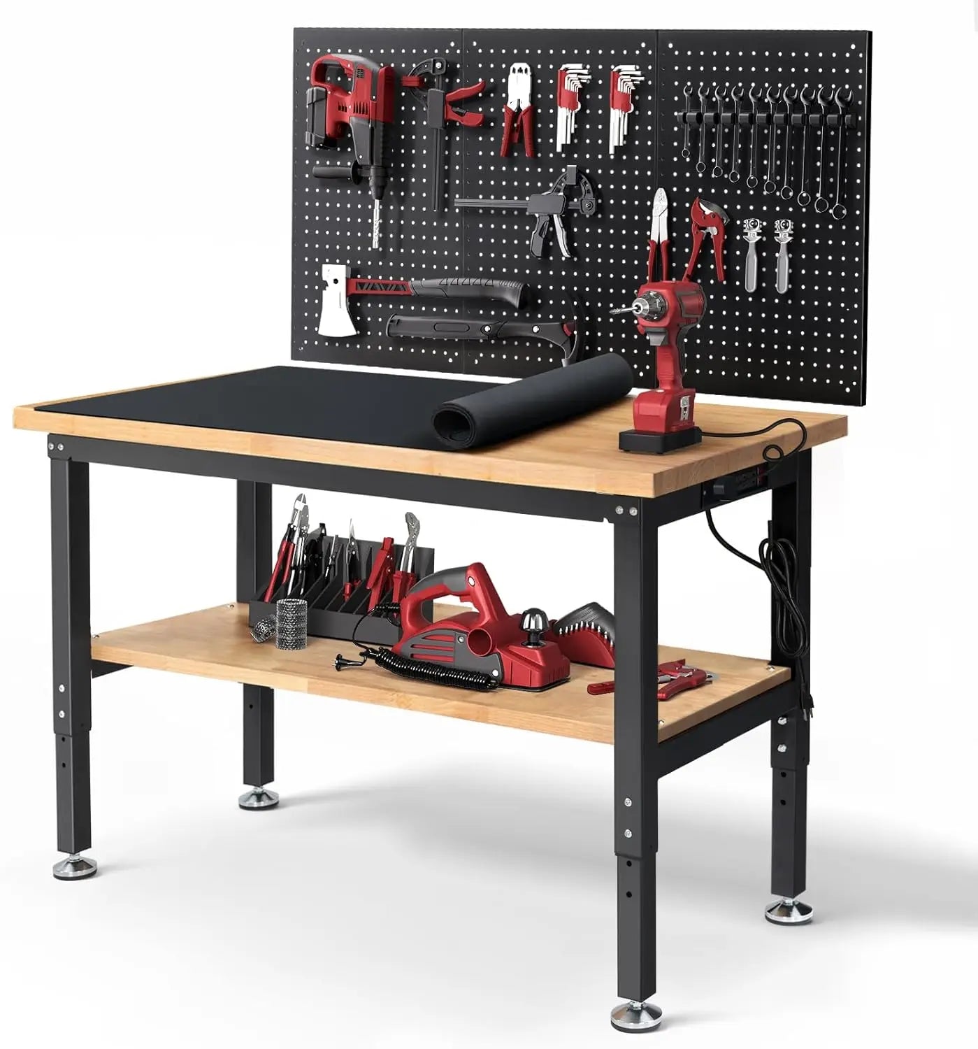 Adjustable Height Workbench With Storage Pegboard And Power Outlets