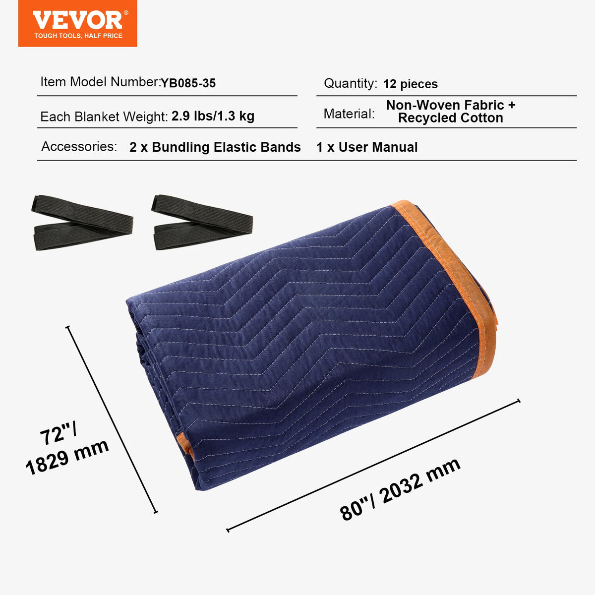 VEVOR 12-pack moving blankets, 80x72 inches, navy quilted mover pads with orange trim and black straps