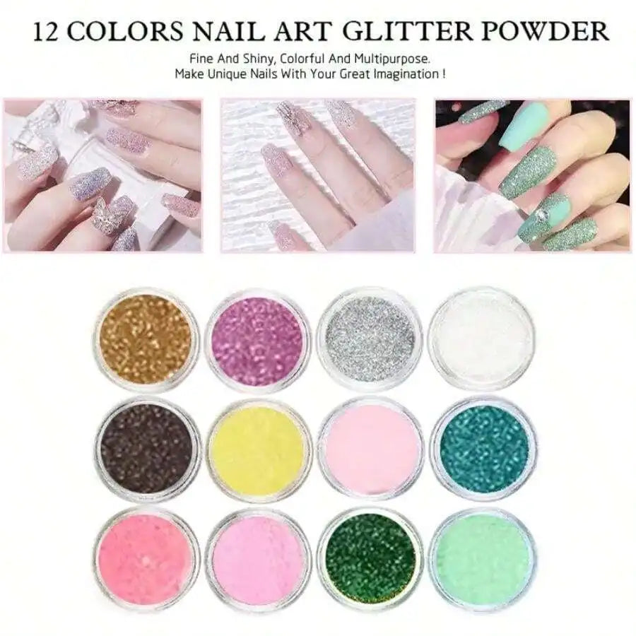 12-color nail art glitter powder set with glitter jars and nail swatches