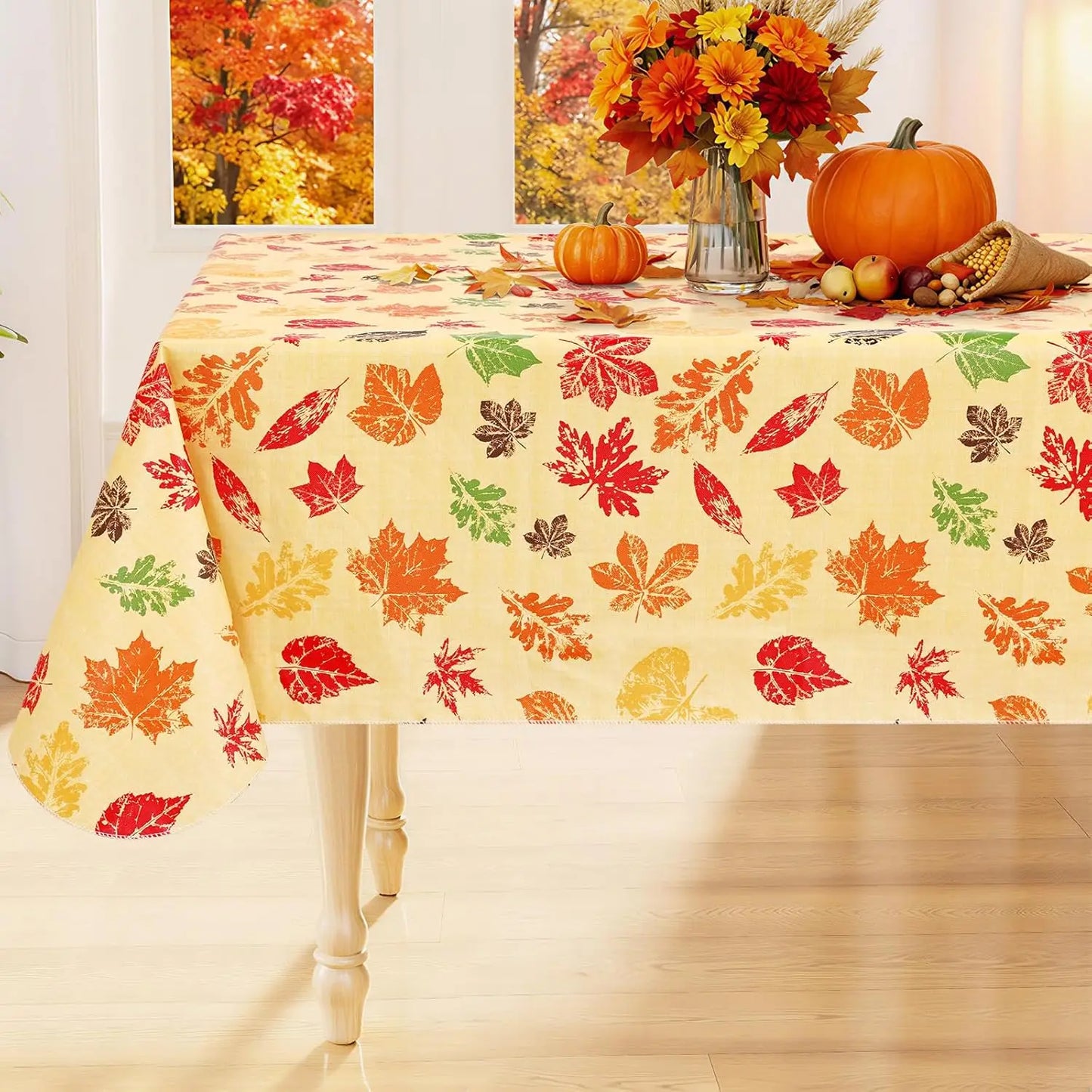 Waterproof Elastic Fitted Tablecloth With Floral Pumpkin Christmas Decor