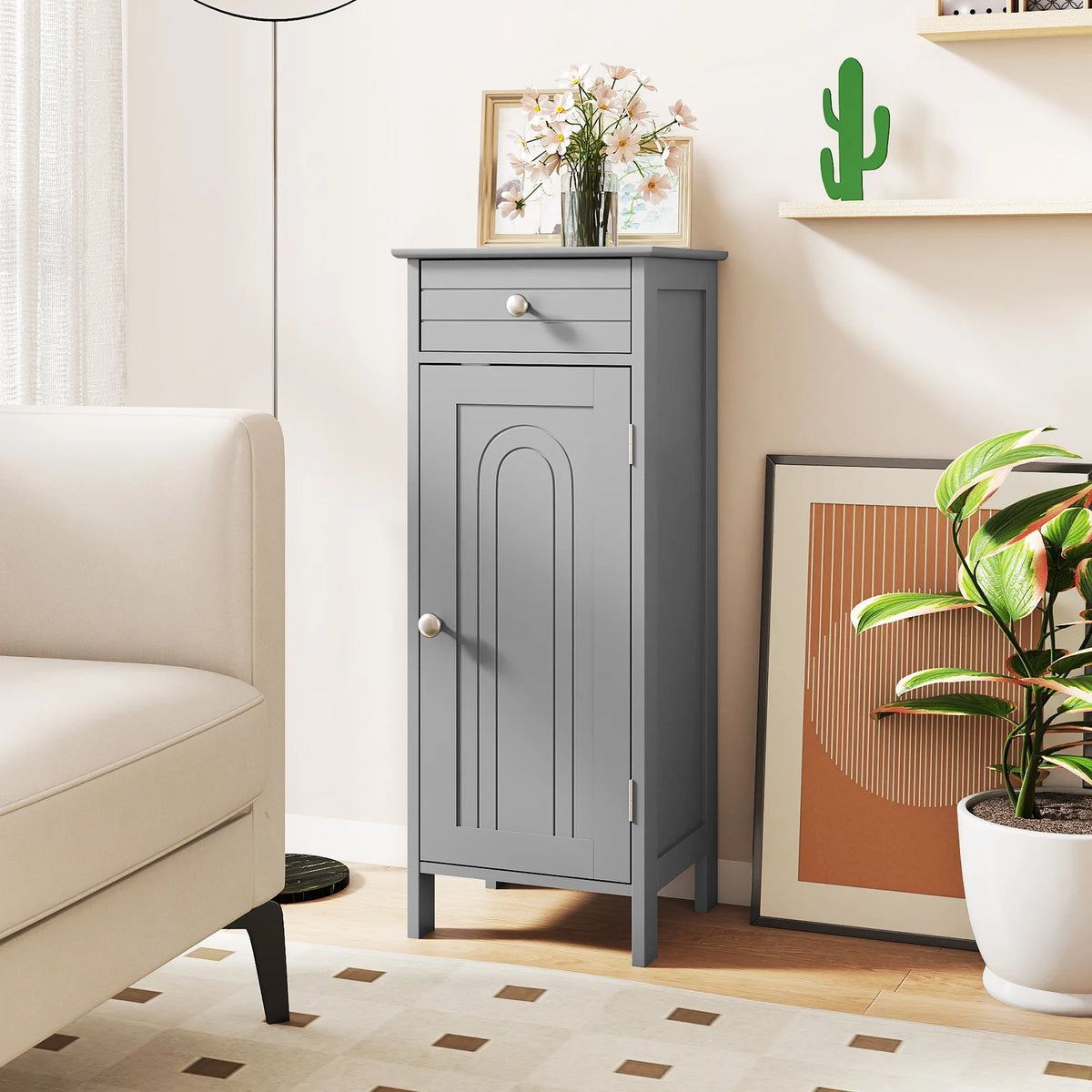 Costway grey bathroom floor cabinet with drawer, free-standing storage