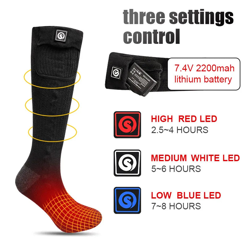 Snow Deer heated sock by S And B Enterprise, black knit with 7.4V 2200mAh rechargeable battery and three LED settings