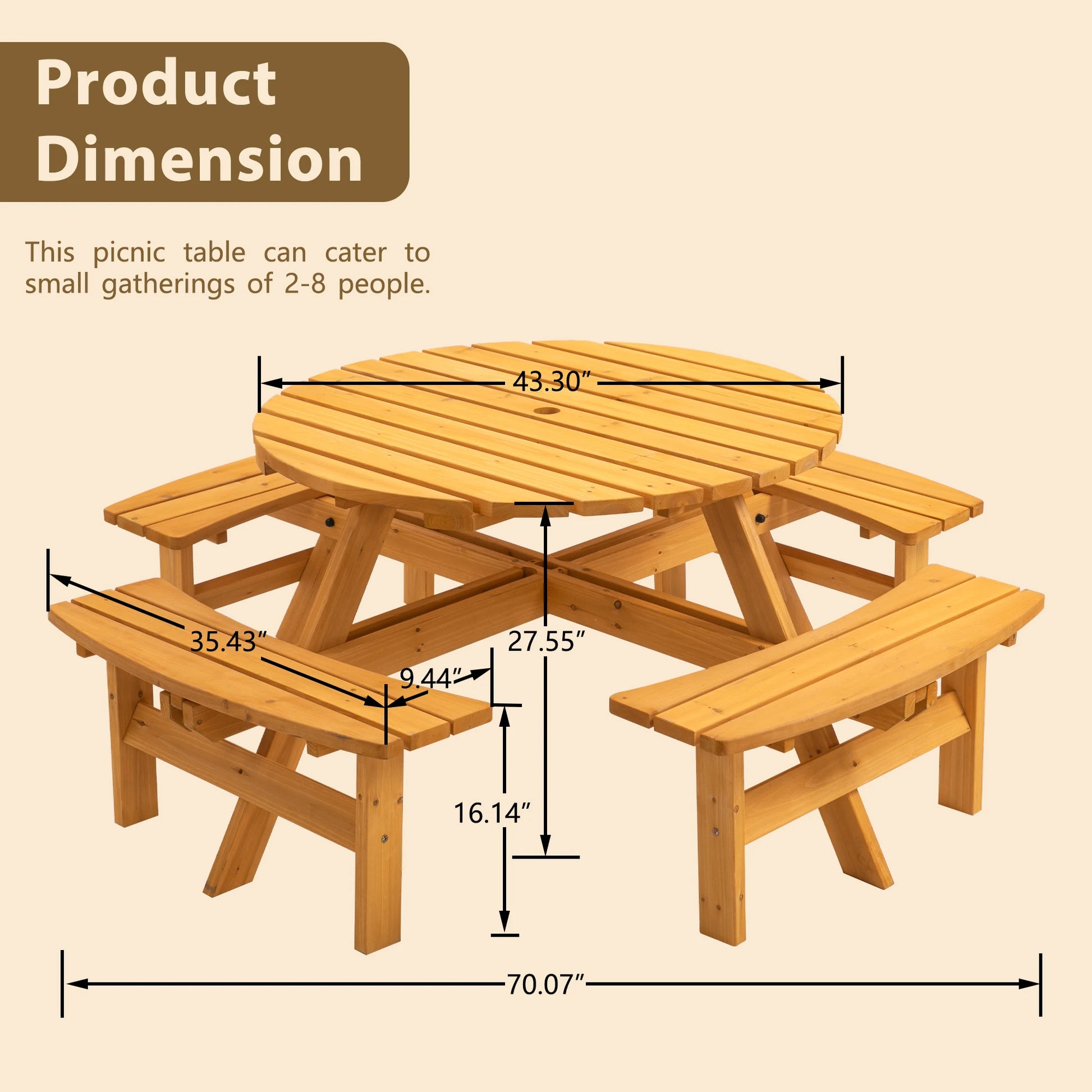 Solid Wood Round Outdoor Picnic Table Set with 4 Benches, Weather Resistant Patio Dining Furniture with Umbrella Hole for Garden Backyard Lawn BBQ Party by S And B Enterprise