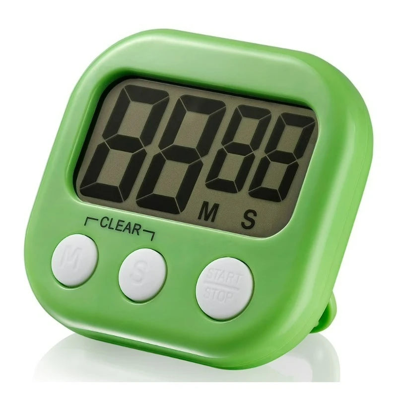 Green digital kitchen timer by S And B Enterprise with large display and three white function buttons.