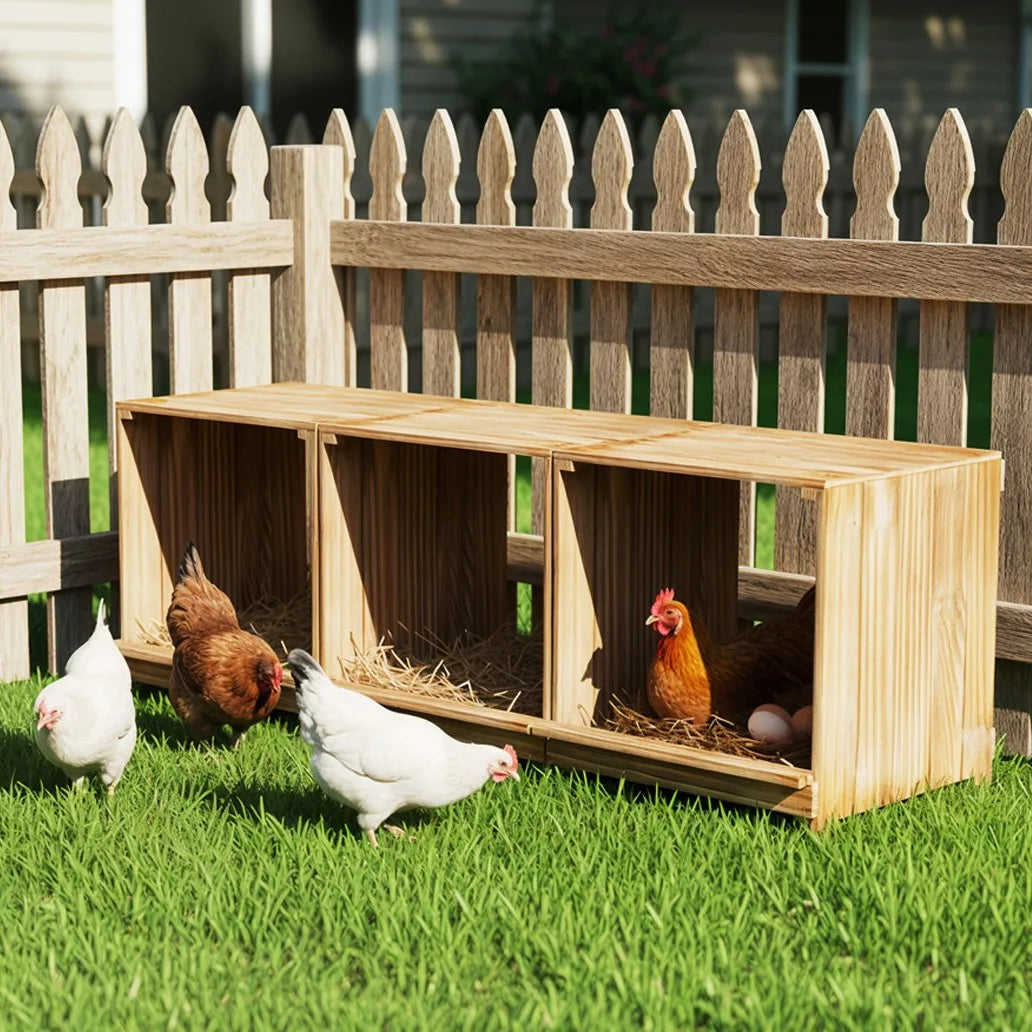 Pine wooden chicken nesting boxes with 3 compartments, unpainted natural wood for easy egg collection.