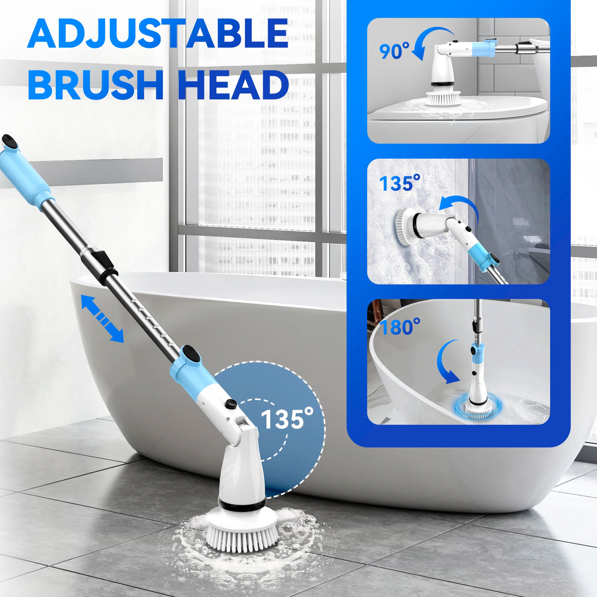 450RPM Electric Spin Scrubber by S And B Enterprise; cordless shower brush with 5 heads and adjustable blue extension