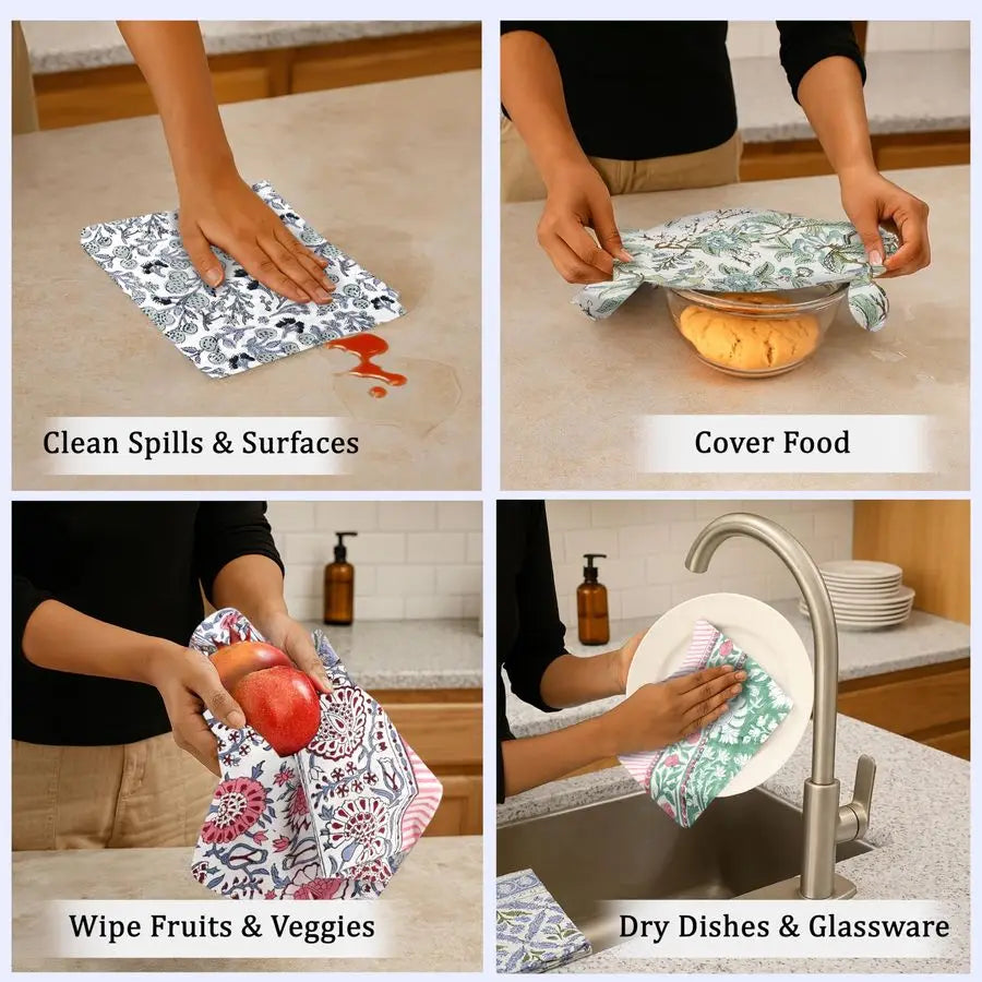 Hand Block Print Cotton Kitchen Towel Set Absorbent Quick Dry