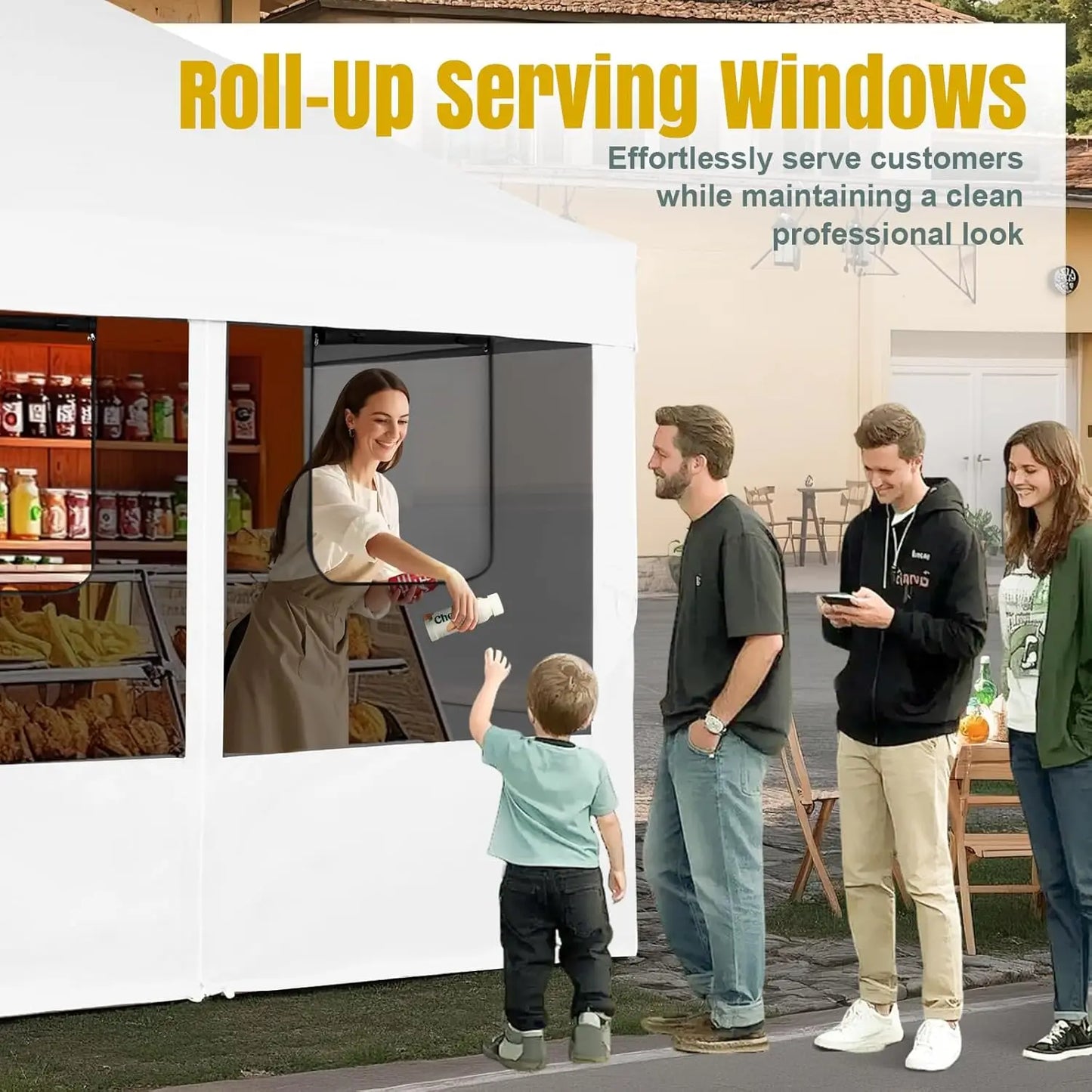 Pop-up white canopy tent with mosquito-netting panels and roll-up serving windows at an outdoor stand.
