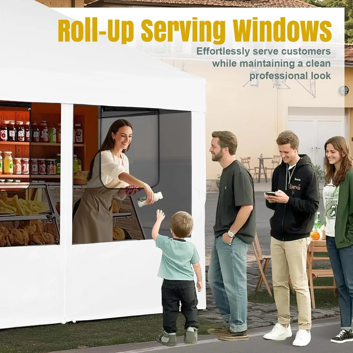 Pop-up white canopy tent with mosquito-netting panels and roll-up serving windows at an outdoor stand.