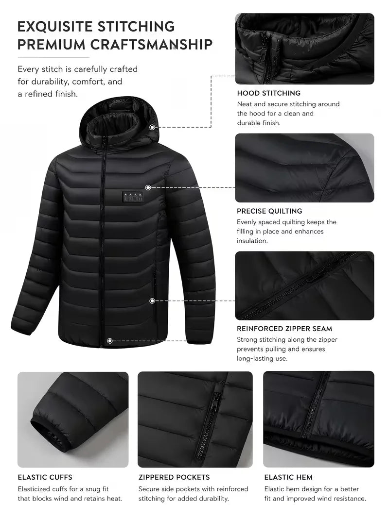 Men's black intelligent heated jacket with 39 heating zones, four temperature settings, hood, and zipped pockets.