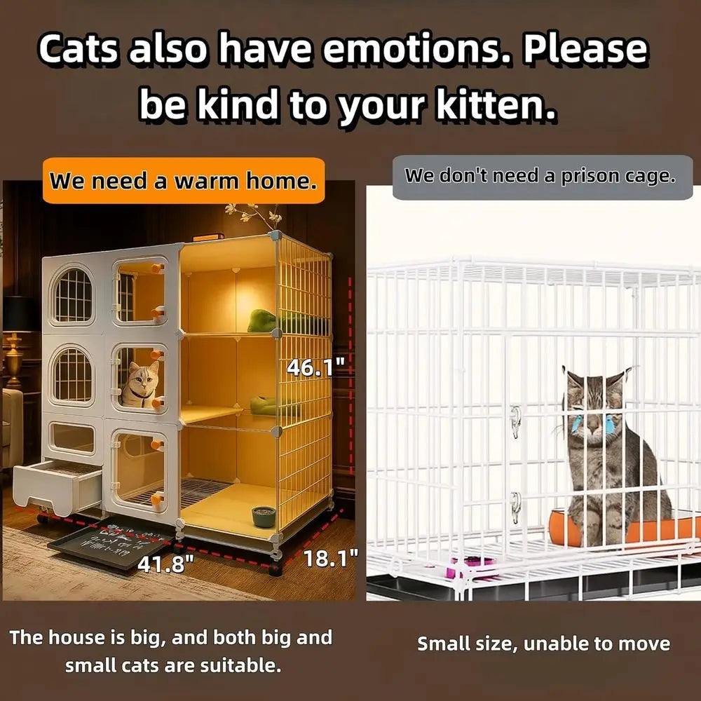 Indoor Cat Cage With Litter Box, Bed, Bowl, Wheels