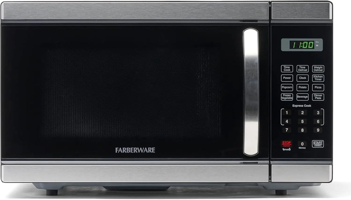 Farberware countertop microwave oven in black with stainless steel handle, 1.1 cu ft, 1000W