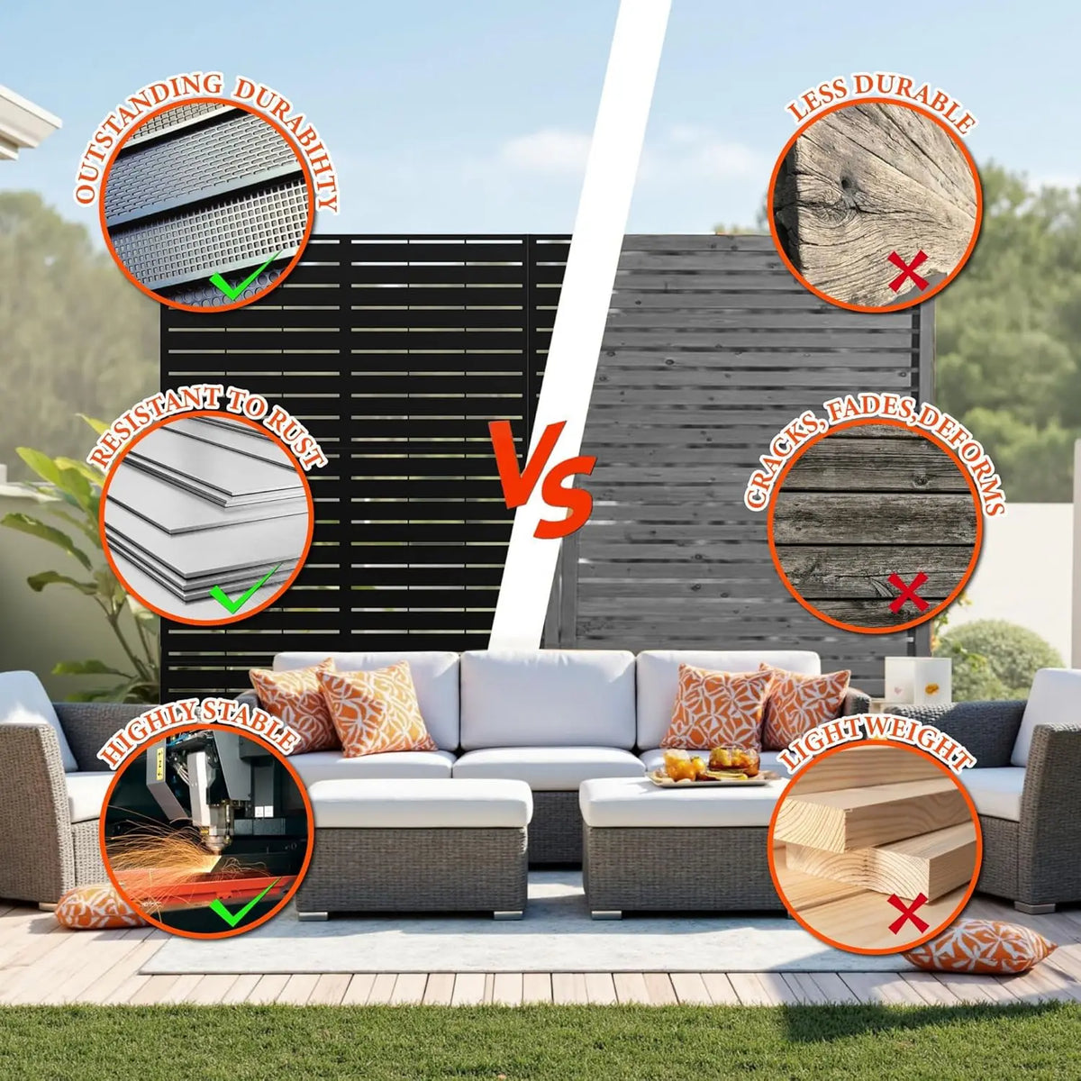 S And B Enterprise decorative garden privacy screen with stand, 120x183cm, black slatted panel
