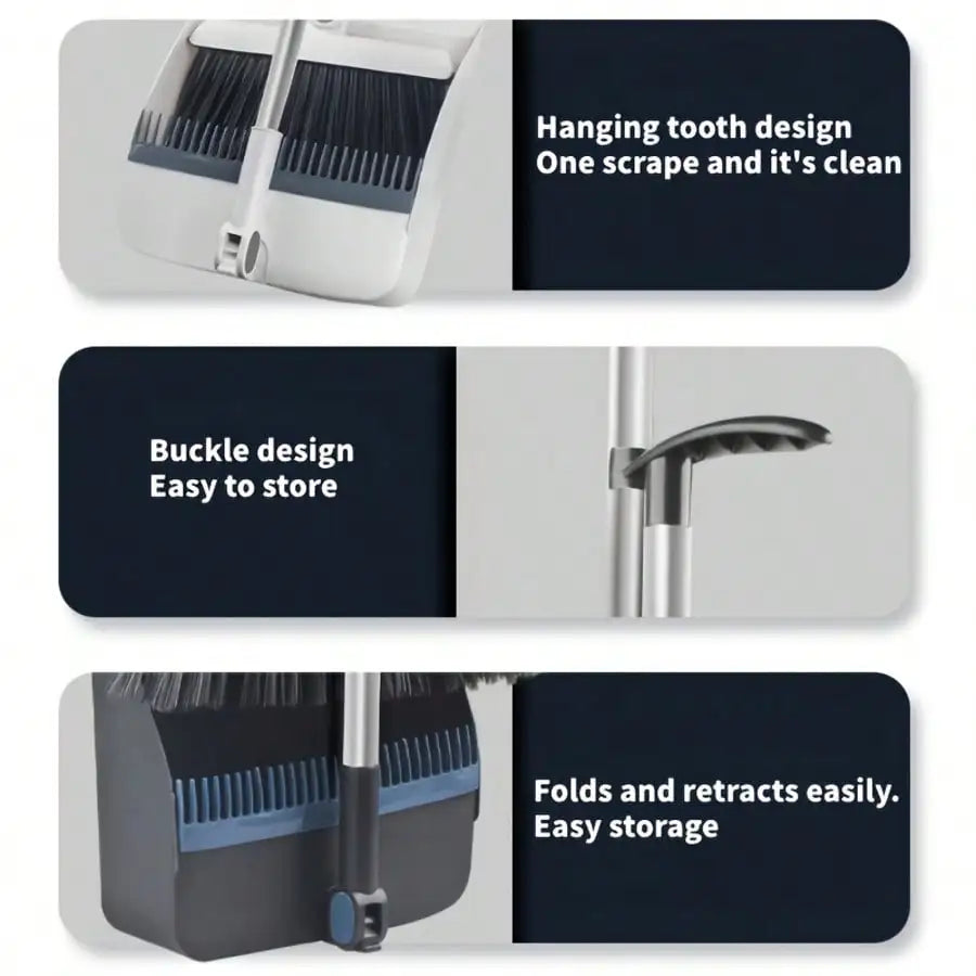 2-In-1 Foldable Broom And Dustpan Combo Set , Long Stainless Steel Handle Self-Cleaning Comb Teeth Floor Sweeping Kit, Windproof Dustpan For Pet Hair Quick Dust Removal, Household Cleaning Supplies For Home Dorm Office Bathro