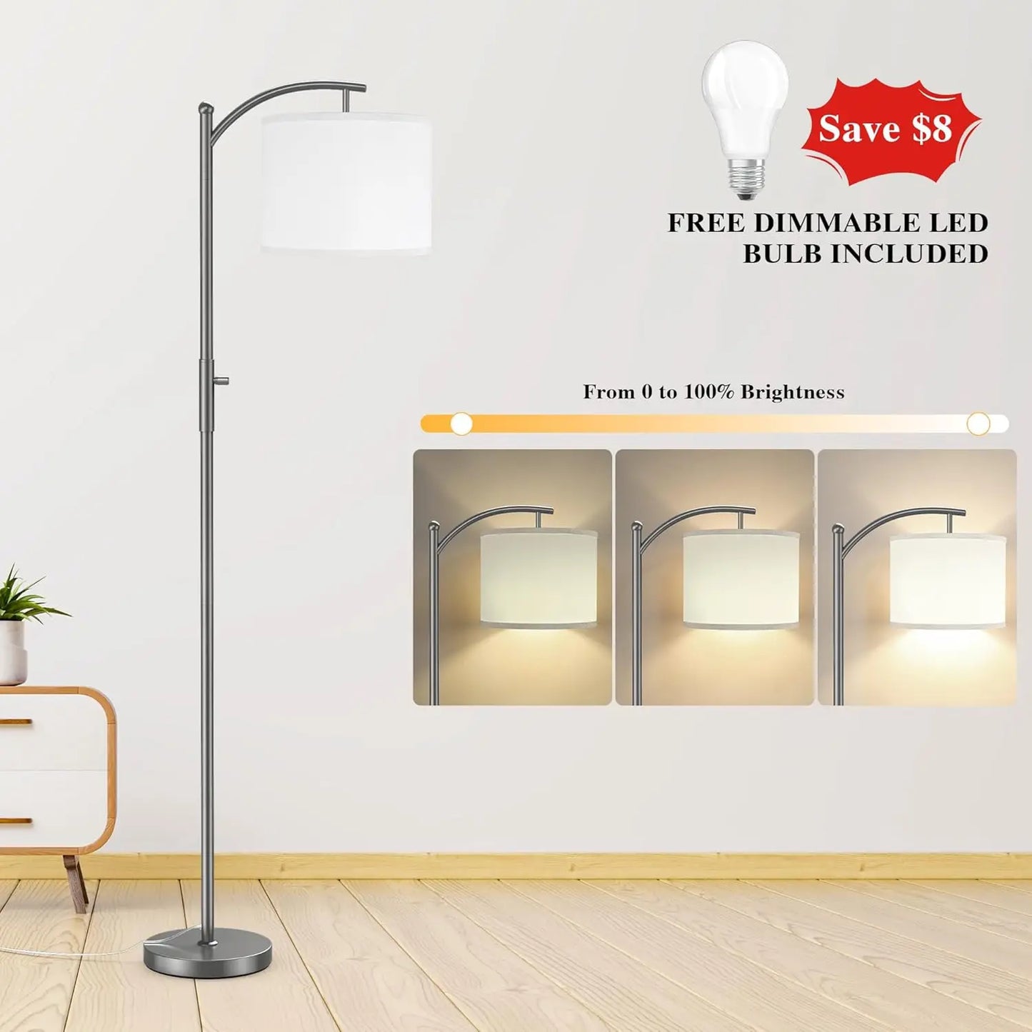 Dimmable Arc Floor Lamp With Linen Shade Stepless Dimming by S And B Enterprise