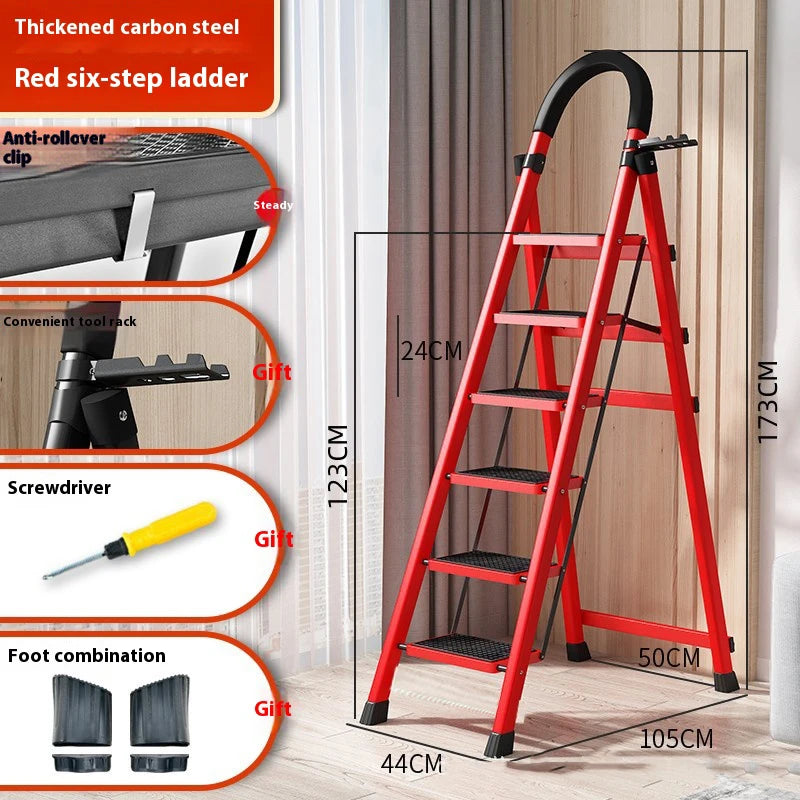 Red six-step adjustable zigzag ladder in thickened carbon steel with black anti-slip steps