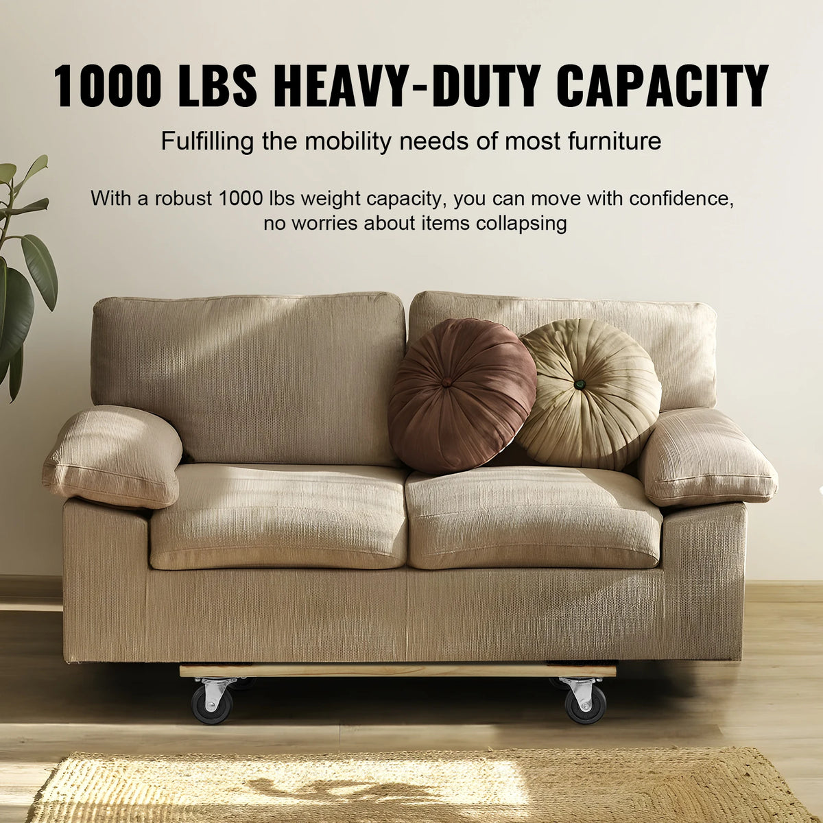 Furniture moving pallet trolley on wheels carrying a beige sofa, 1000lb capacity