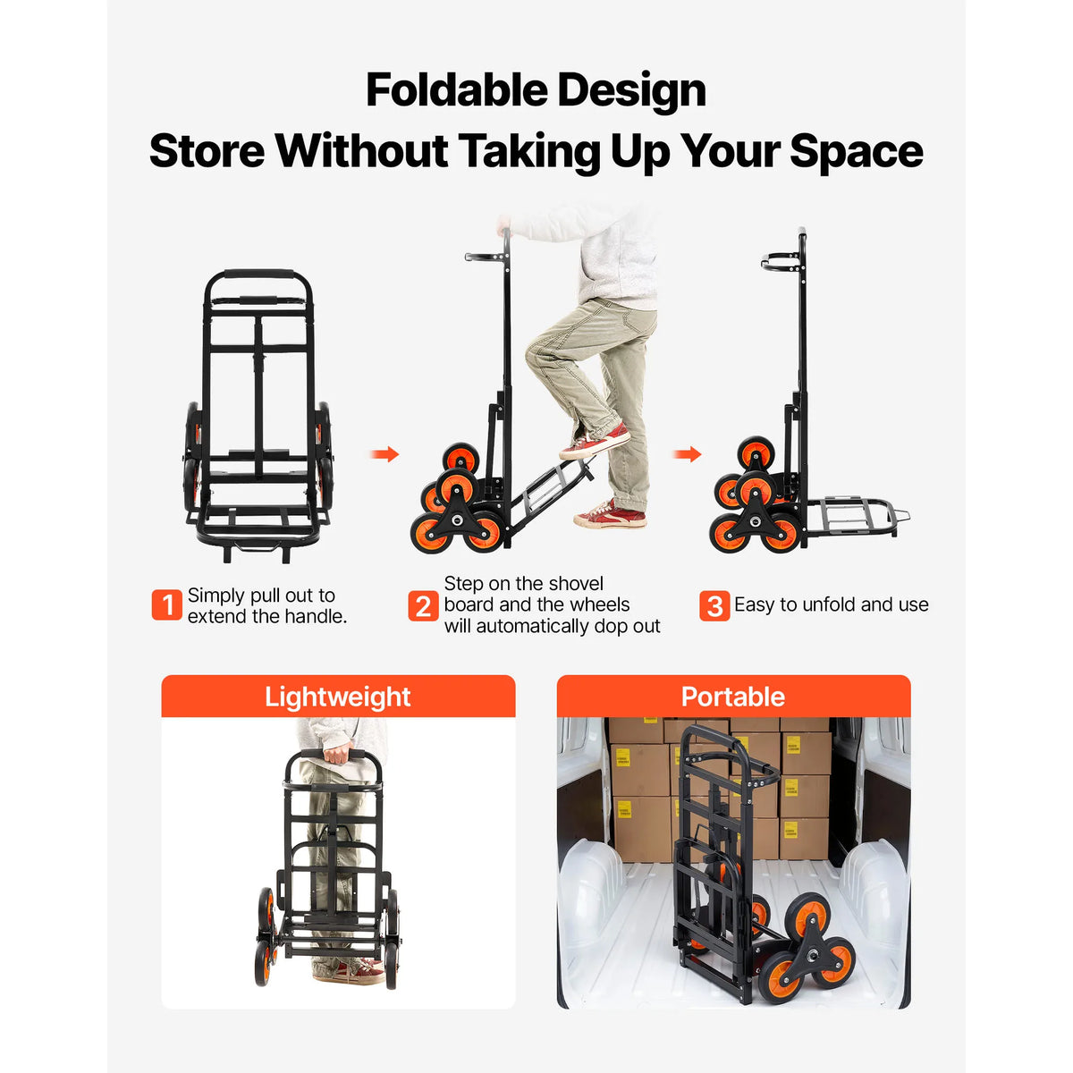 Stair-climbing cart by SucceBuy, folding trolley with orange wheels and telescoping handle, 220 lb capacity