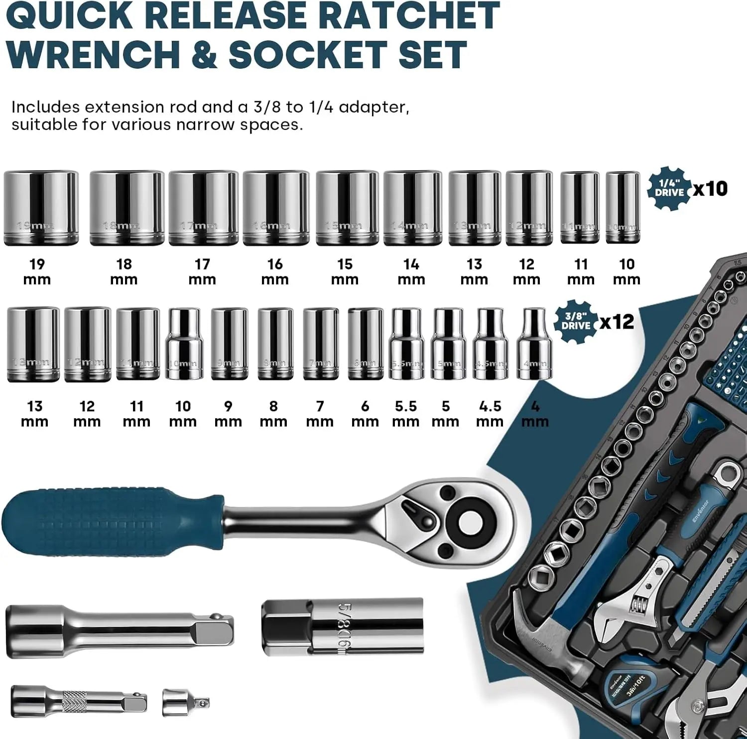 Enventor 220-piece blue tool set with chrome sockets and ratchet wrenches, 1/4in and 3/8in drives, by S And B Enterprise