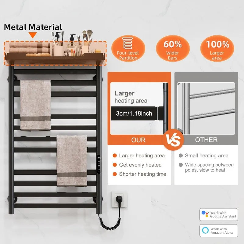 SIOYIE Eleven Bar Heated Towel Rack With Shelf Wall Mount