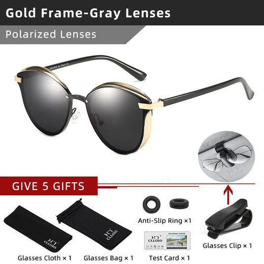 CLLOIO polarized sunglasses for women with gold-tone frame and black round lenses by S And B Enterprise