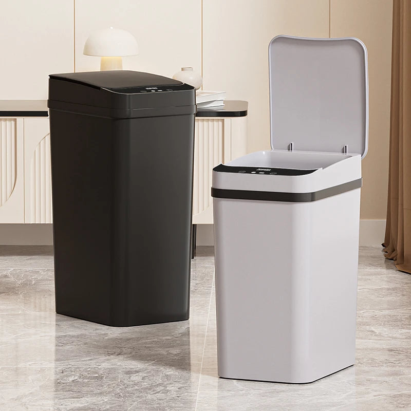 2-pack smart sensor trash cans: black 12L and white 15L, touch-free with automatic closing lids