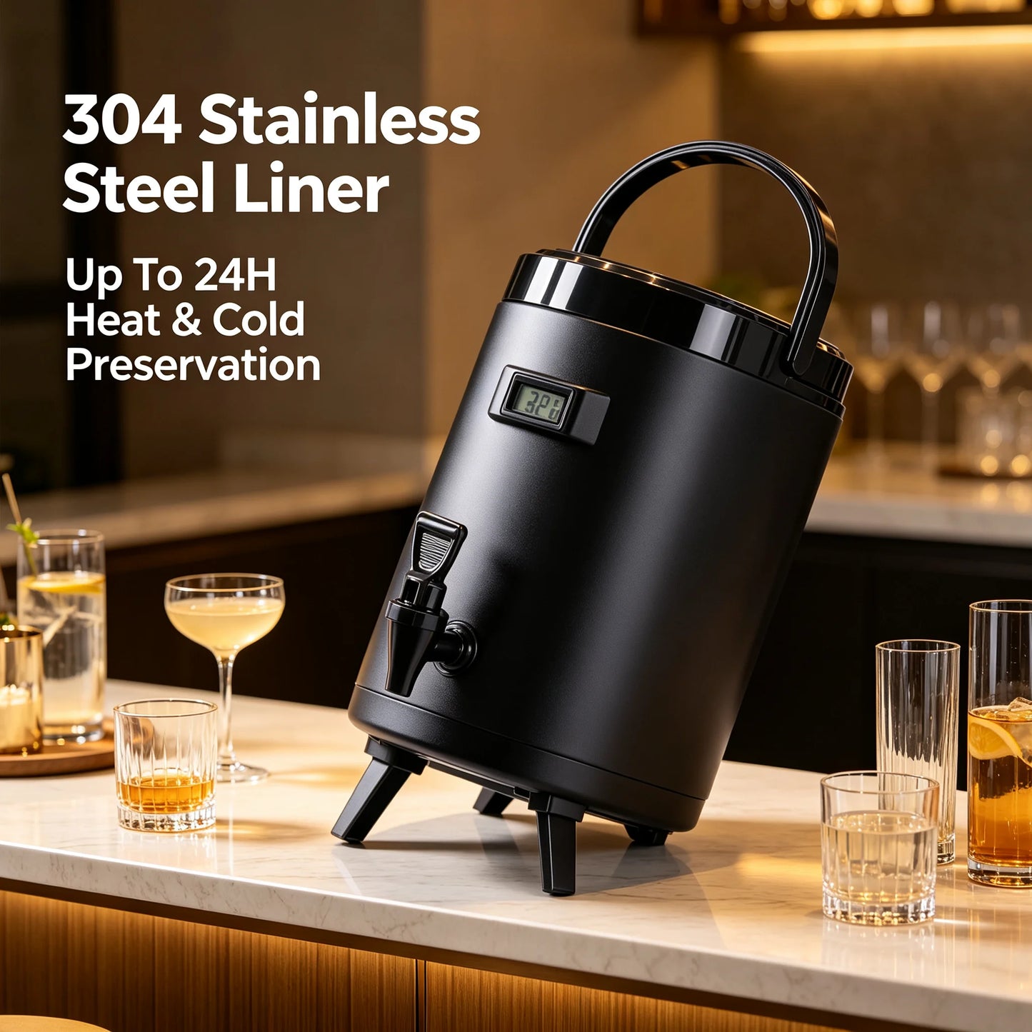 Insulated Beverage Dispenser 8L/2.11Gal, Hot & Cold Water Jug with Faucet & Thermometer, 24H Temperature Retention, Stainless Steel Liner for Coffee Tea Milk, Black by S And B Enterprise