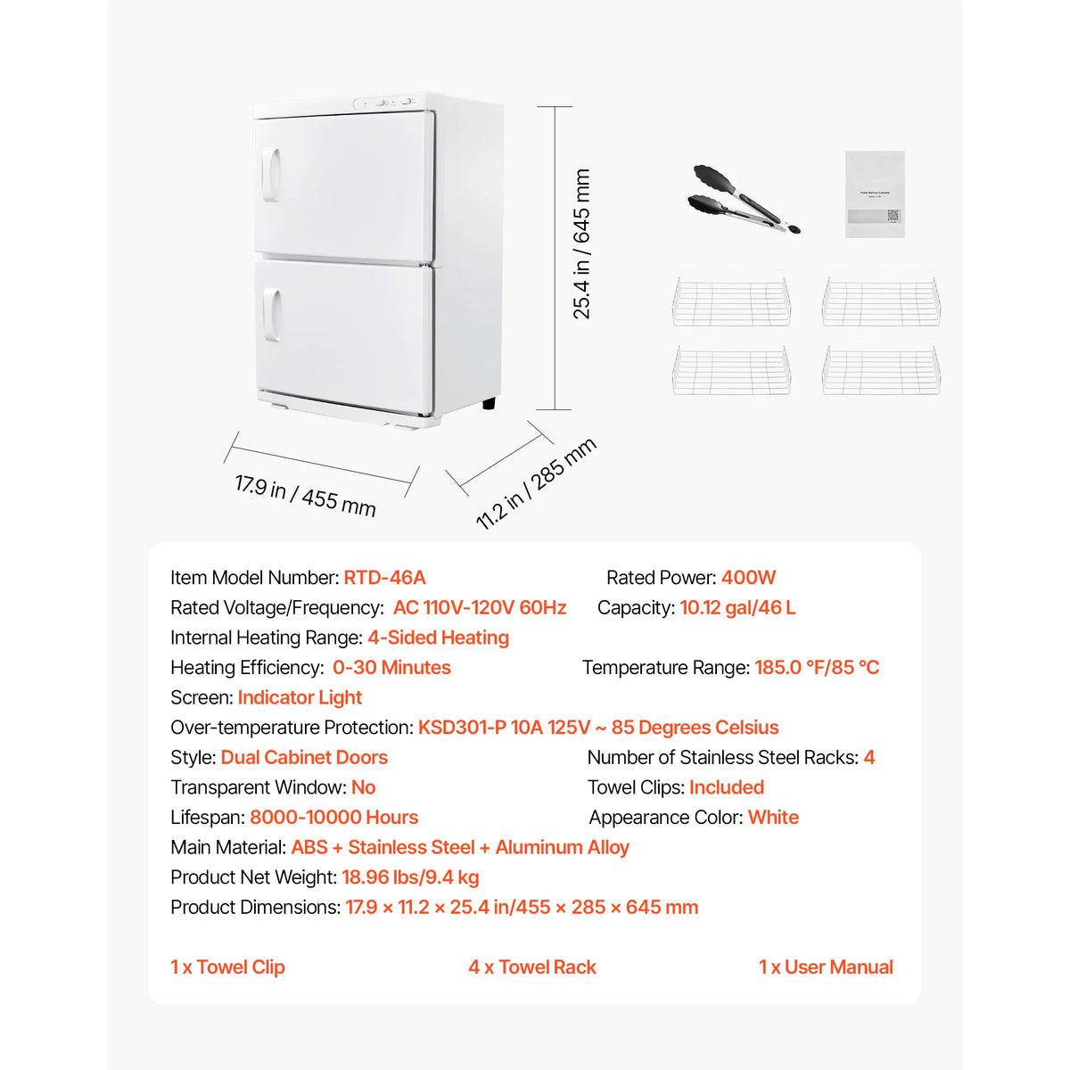 S And B Enterprise white dual-drawer towel warmer cabinet with 4 wire racks and tongs