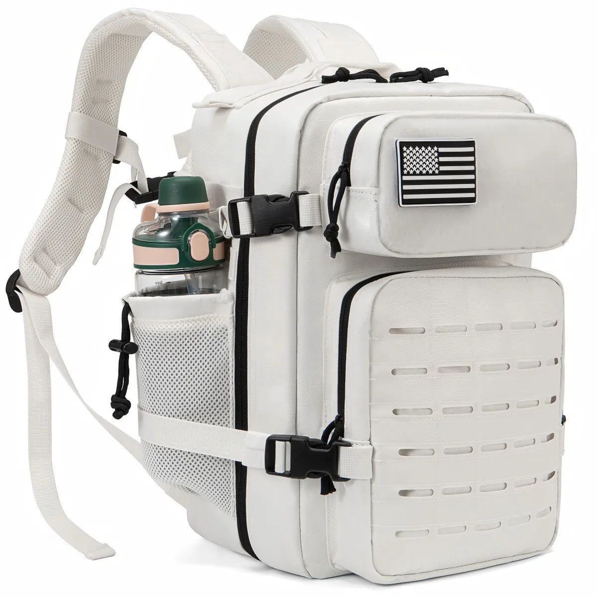 25L tactical backpack by S And B Enterprise, white with front pocket panel, side water bottle holder, and American flag patch.