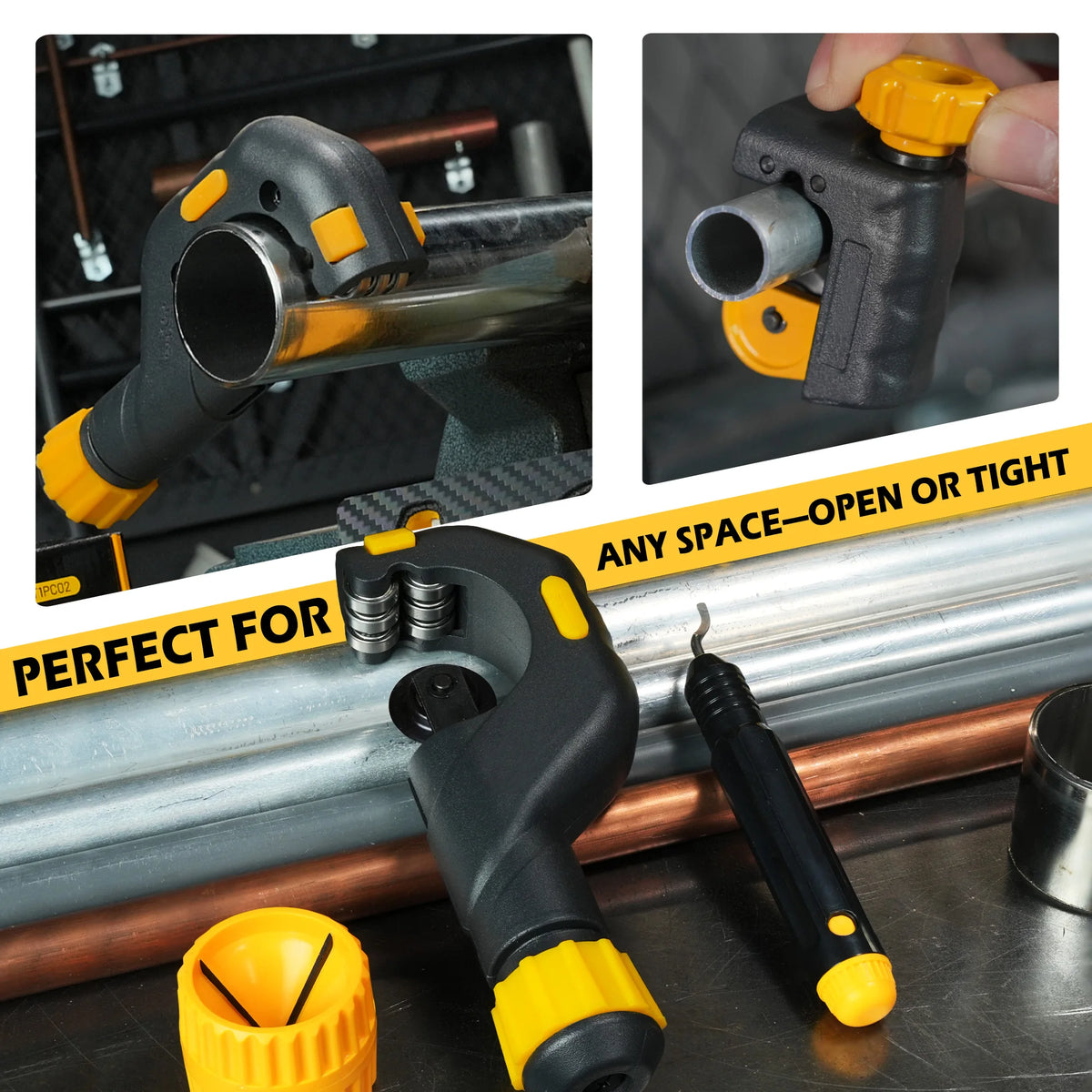 Tubing cutter set by S And B Enterprise in black and yellow; heavy-duty and mini cutters with deburring tool, 1/8–2 in