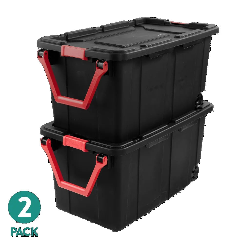 Sterilite extra large 40-gallon wheeled storage bin set, black with red handles, 2-pack.