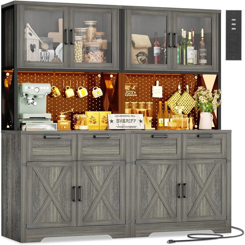 71" Tall Kitchen Pantry Storage Cabinet with LED Light & Outlet, 63" Wide Kitchen Hutch Cabinet with Large Countertop, DIY Pegbo