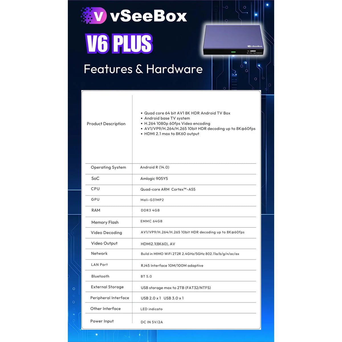 vSeeBox V6 Plus 64GB 8K Android TV box with voice control by S And B Enterprise — features and hardware specs