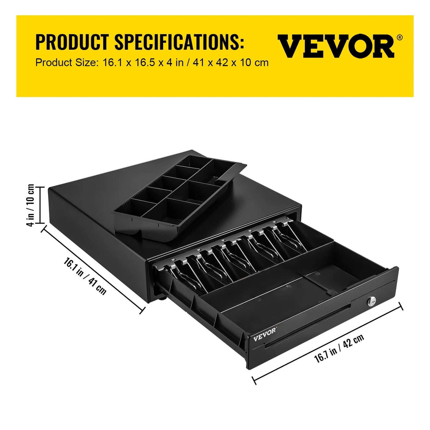 Cash register drawer by VEVOR, 16 in black POS unit with removable coin tray and 2 keys