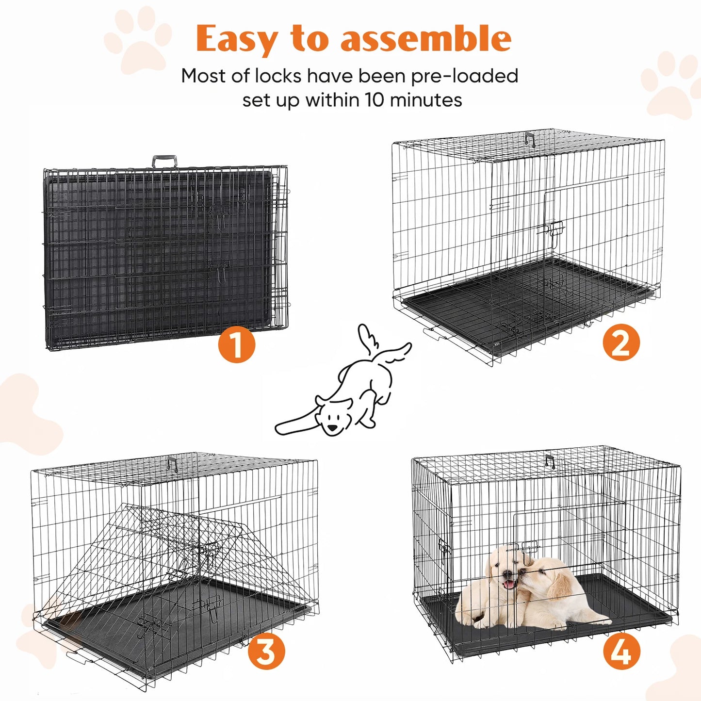 JHK Double Door Folding Dog Cage With Leakproof Pan