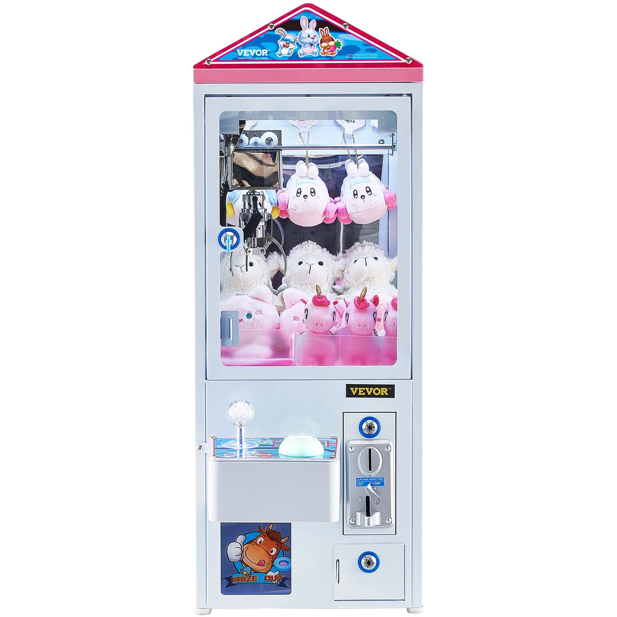 Claw machine arcade prize grabber with pink top and plush toys inside; VEVOR branding.