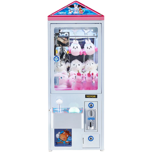 Claw machine arcade prize grabber with pink top and plush toys inside; VEVOR branding.