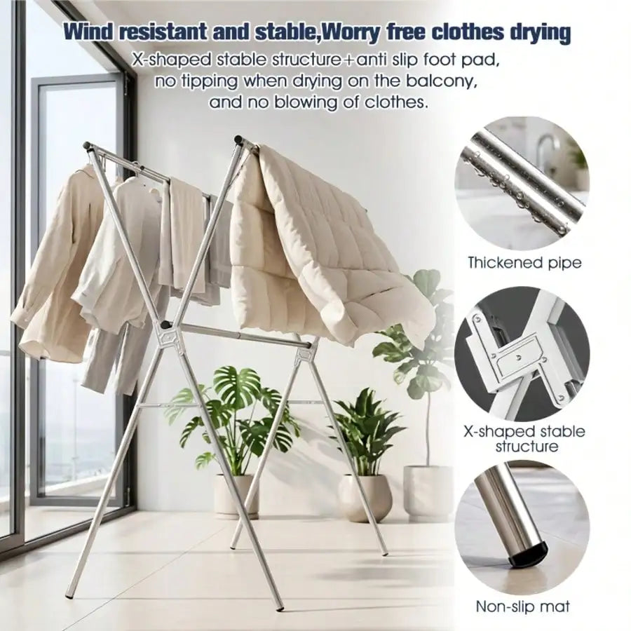 Foldable clothes drying rack by S And B Enterprise, stainless steel X-frame with anti-slip feet for indoor use