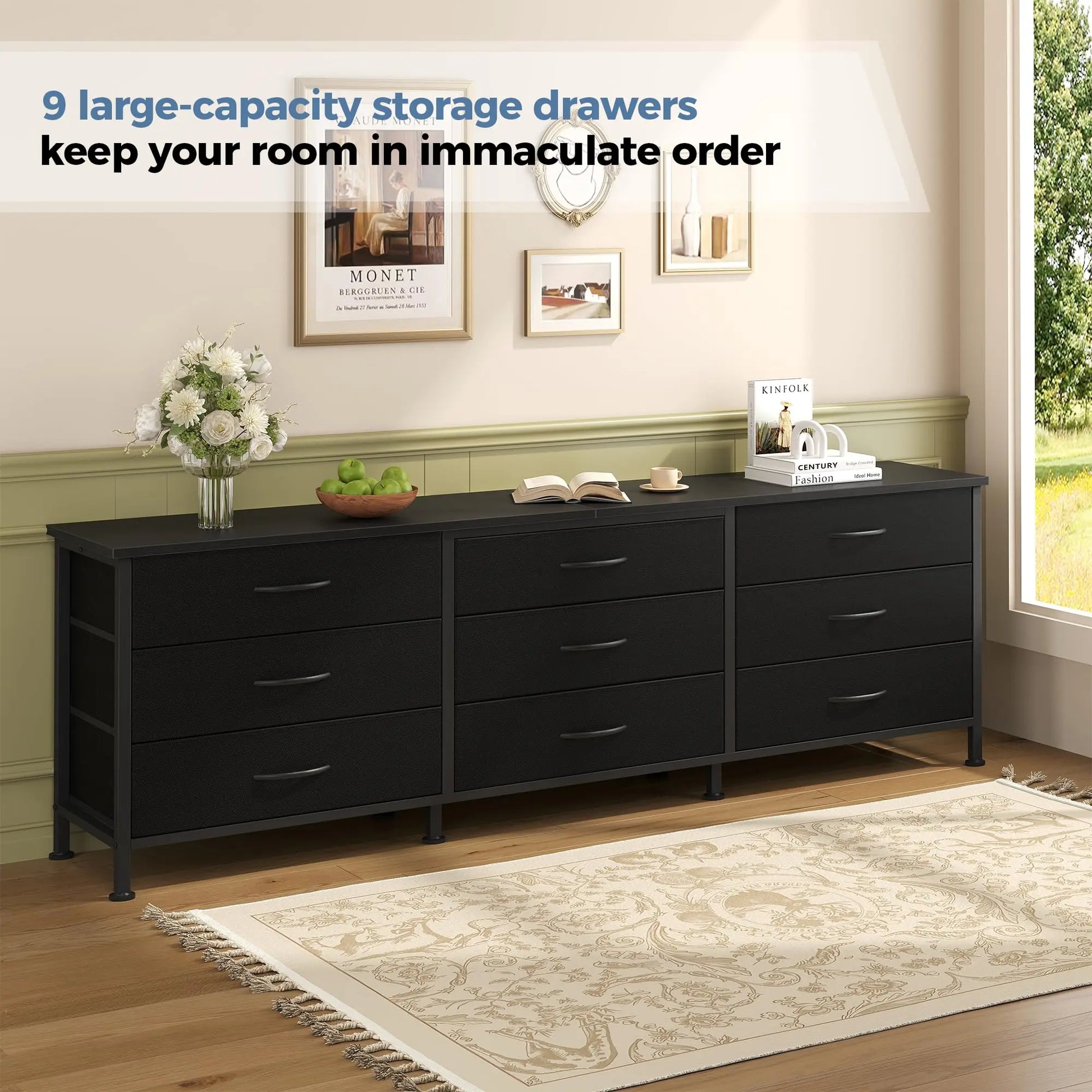 JHK Cabinet For Living Room With 9 Fabric Drawers Long Entertainment Center Up to 75 Inch TV Storage Display Of Furniture by S And B Enterprise