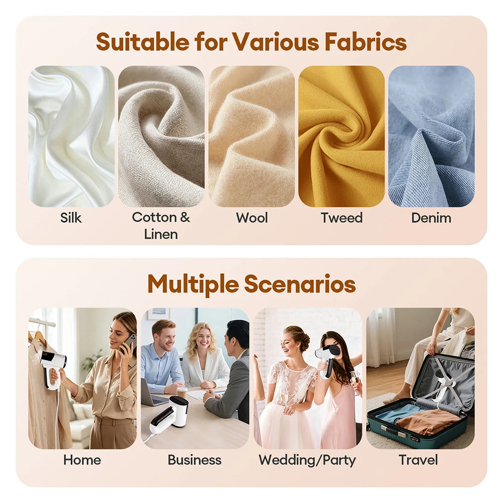 Handheld garment steamer iron by S And B Enterprise; fabric swatches silk, cotton, wool, denim and scenes home, travel.