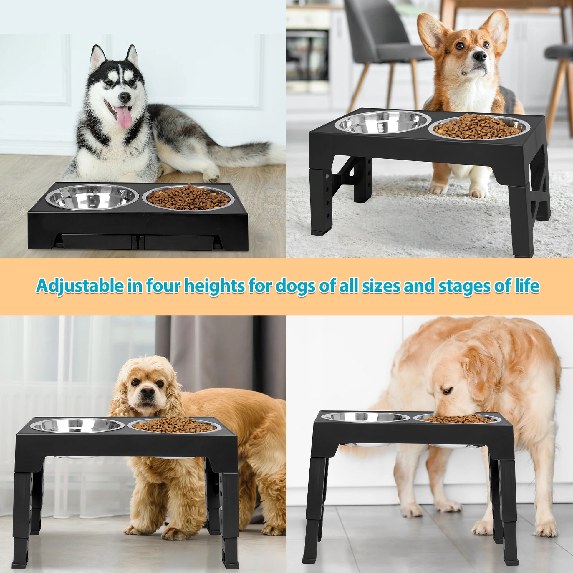 Elevated Dog Bowl Stand With Adjustable Heights And Stainless Steel Bowls by S And B Enterprise