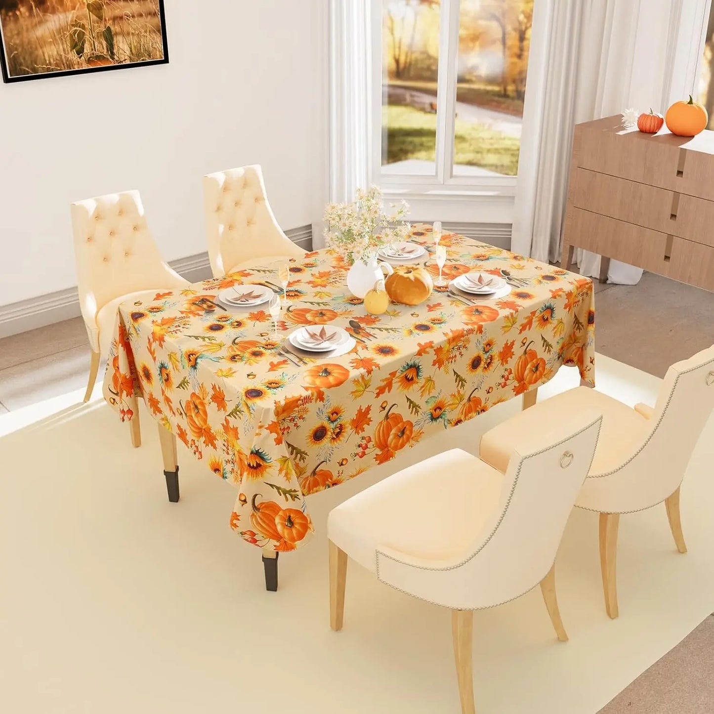 Waterproof Elastic Fitted Tablecloth With Floral Pumpkin Christmas Decor