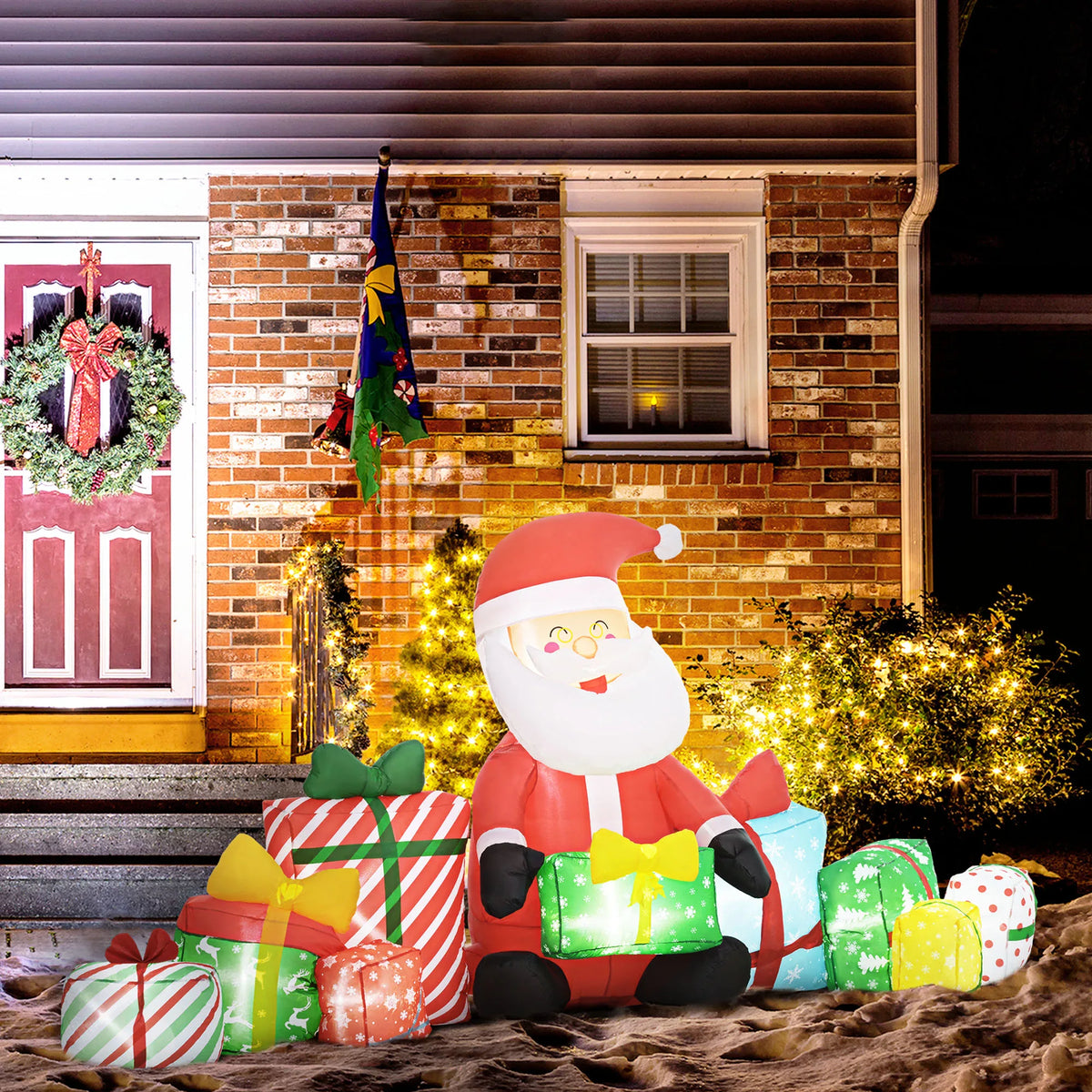 Outsunny 4.4' Santa Claus inflatable with white LED lights among colorful wrapped gifts on a brick porch.