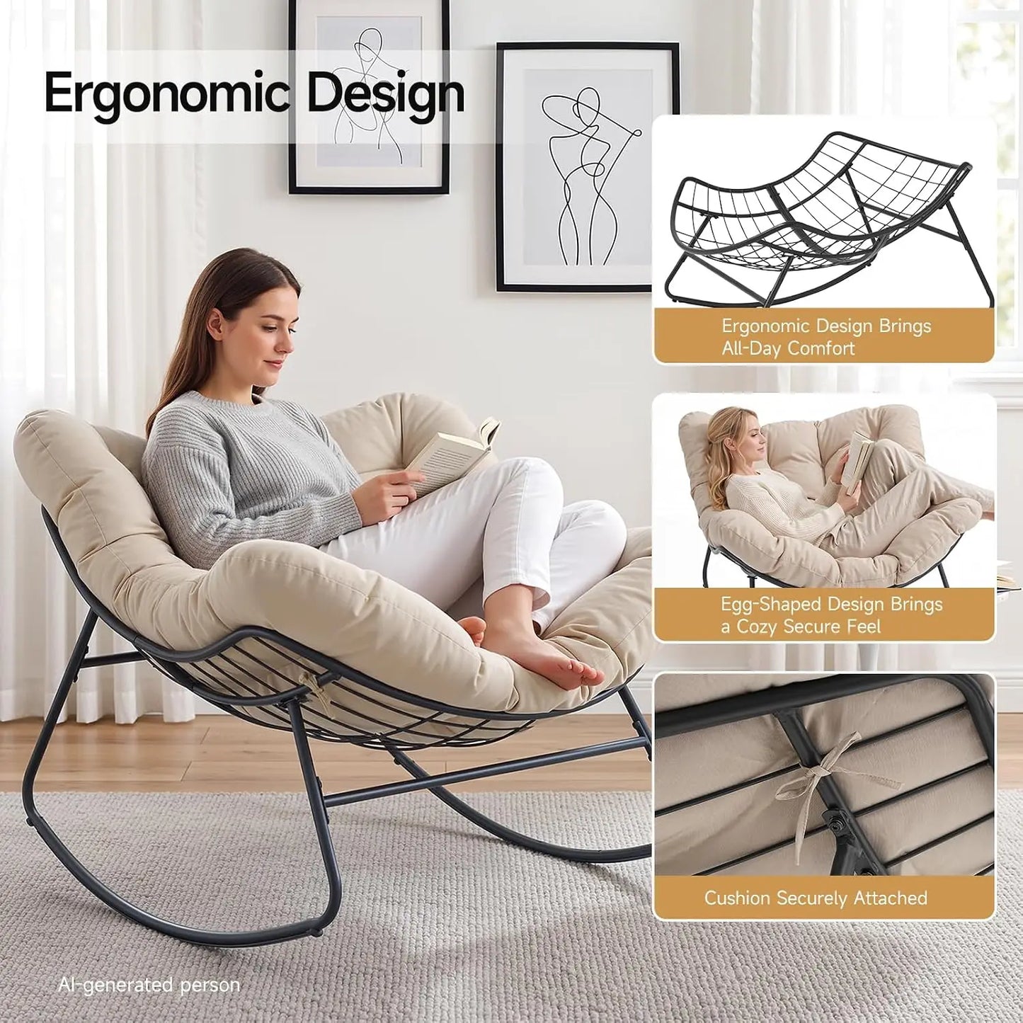 Papasan Rocking Chair, Oversized Patio Lounge Chair, 450 lbs | Oversized Comfort, Smooth & Quiet Rocking, Thick Cushioned Seat,