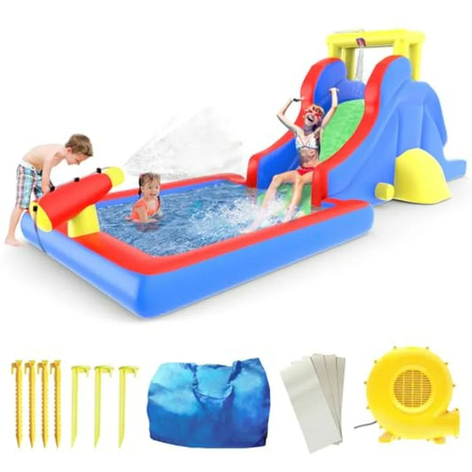 Inflatable Slide Park With Pool Splash Zone And Climbing Wall