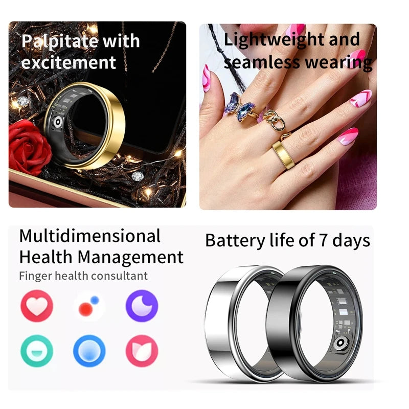 Smart Ring R09 health monitor by S And B Enterprise; silver-black ring with charging case, multi-sport mode, skin temp